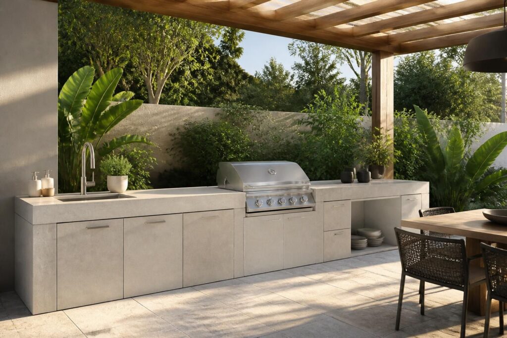 découvrez comment une cuisine extérieure en béton cellulaire allie solidité, durabilité et design pour créer un espace convivial et esthétique dans votre jardin.