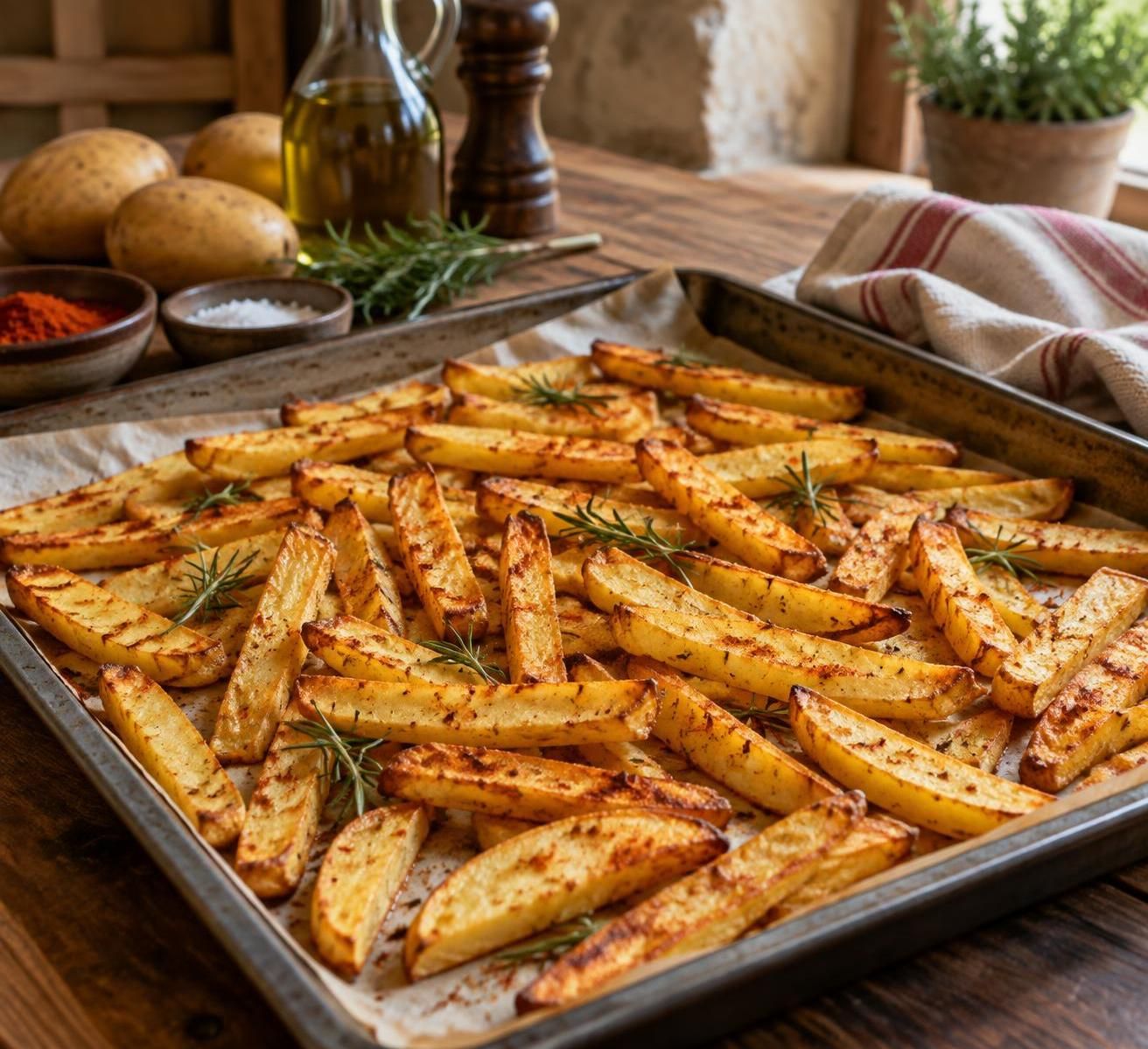 découvrez une recette simple de frites au four : des pommes de terre dorées et croustillantes, préparées sans huile pour un résultat léger et savoureux.