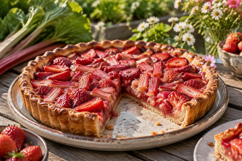 savourez une tarte à la rhubarbe et aux fraises, un dessert acidulé et gourmand qui célèbre les beaux jours et les récoltes du potager.